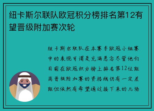 纽卡斯尔联队欧冠积分榜排名第12有望晋级附加赛次轮
